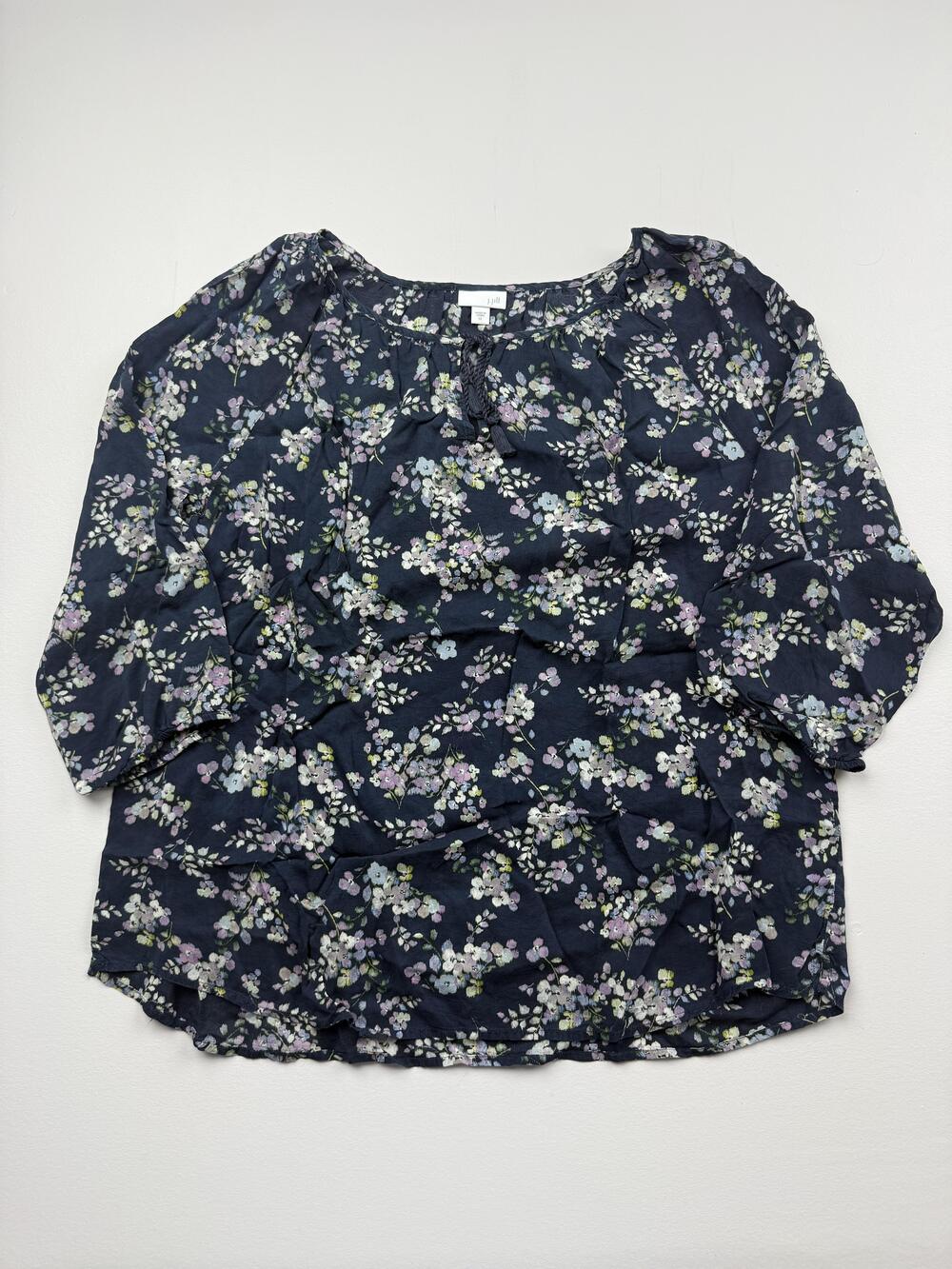 J. Jill Blouse Womens XL Blue Floral Scoop Neck 3/4 Sleeve Tassel Tunic Top
